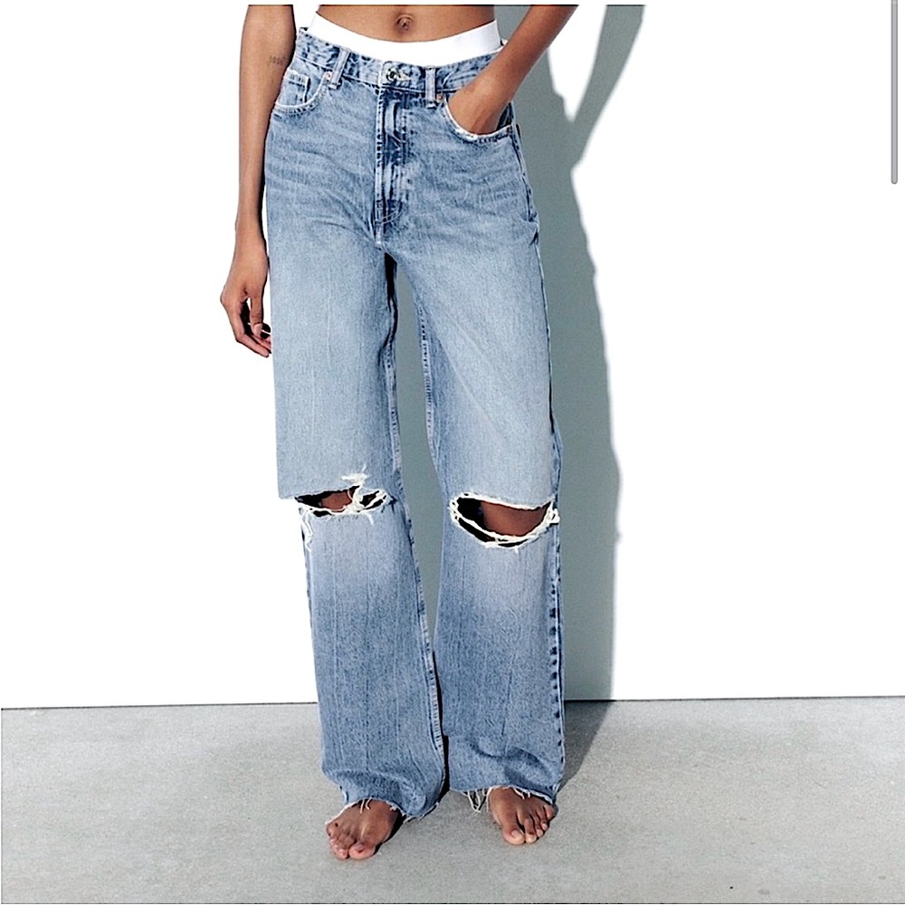 • ZARA Light Washed Wide Leg Ripped Jeans